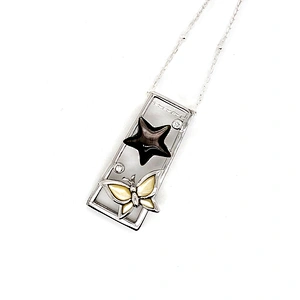 Shell Butterfly Enamel Star Designed Cz Dotted Silver Trapezoid Shape Frame Pendant
