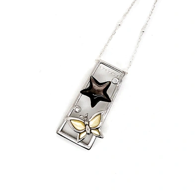Shell Butterfly Enamel Star Designed Cz Dotted Silver Trapezoid Shape Frame Pendant