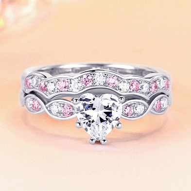 925 Sterling Silver Heart Design Double Halo Wedding Engagement Ring Sets