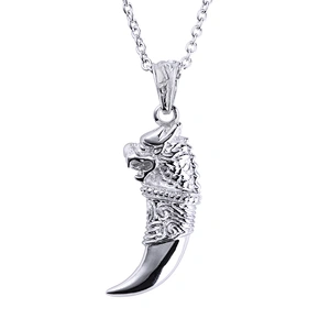Neo-Gothic Style Silver Embossment Lion Engraved Tooth Shape Necklace