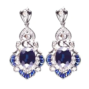 Fancy blue sapphire drop silver dollar sign earrings