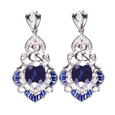 Fancy blue sapphire drop silver dollar sign earrings