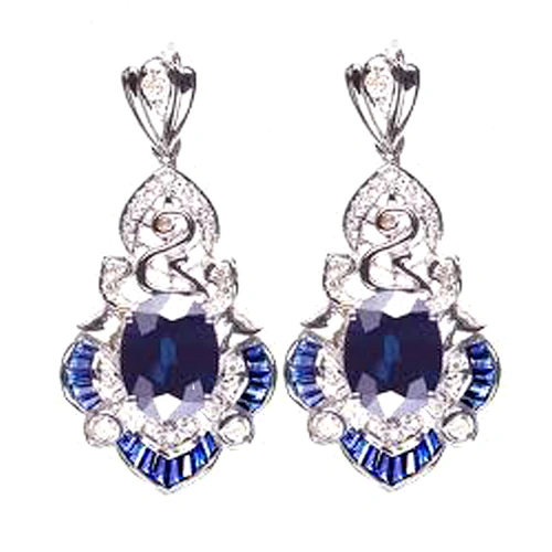 Fancy blue sapphire drop silver dollar sign earrings