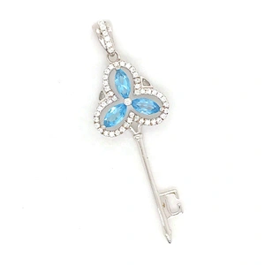 White Gold Key Shape Pendant Necklace For Men, Blue Crystal Silver Key Pendant Necklace Jewelri Meaning