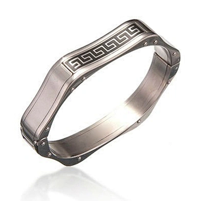 High end polygonal shape meander patterns platinum bangle
