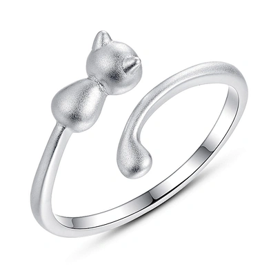 Simple cat shaped adjustable matte silver ring for women