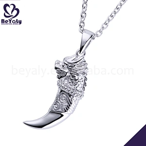 Neo-Gothic Style Silver Embossment Lion Engraved Tooth Shape Necklace