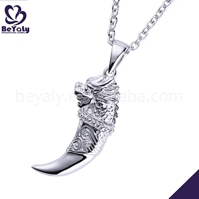Neo-Gothic Style Silver Embossment Lion Engraved Tooth Shape Necklace