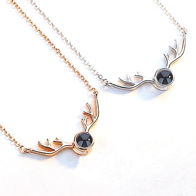 Christmas gift silver antler pendant i love you necklace 100 languages