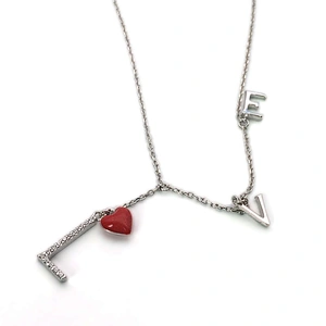 Rhodium Plated Sterling Silver Heart Shaped Red Enamel Charms Necklace Wholesale