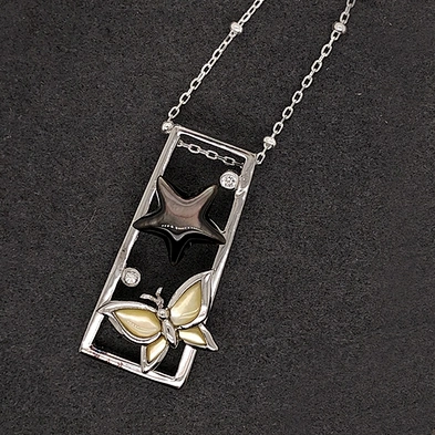 Shell Butterfly Enamel Star Designed Cz Dotted Silver Trapezoid Shape Frame Pendant
