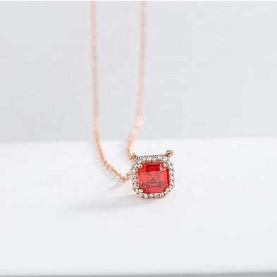 Graceful popular silver square pink crystal female favor ruby pendant necklace
