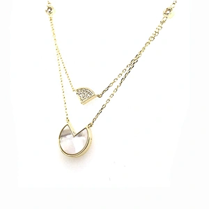 Two Strands Gold Chains Shell Round Cz Fanshaped Design Pendant Necklace