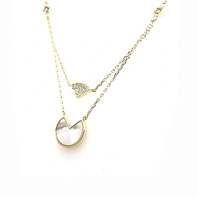 Two Strands Gold Chains Shell Round Cz Fanshaped Design Pendant Necklace