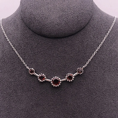 Silver Widthways Stick And Red Stone Point Designs Charm Chain Necklace