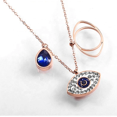 Blue Stone Waterdrop Eye Shaped Pendant Stainless Steel Necklace Jewelry Rose Gold