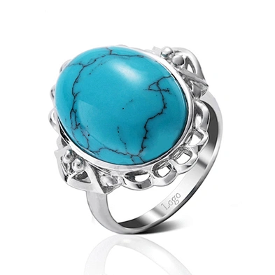 Oval Shaped Agate Stone Men'S Silver Turquoise Ring Arabic
