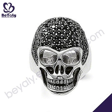 Skull design black stone appointment men`s stainless steel ring