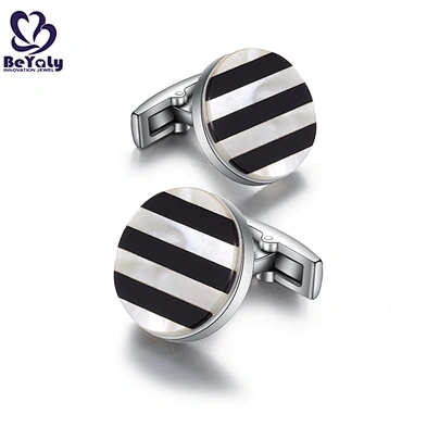 Black And White Stripe Fashion Design Cufflinks Round Stainless Steel