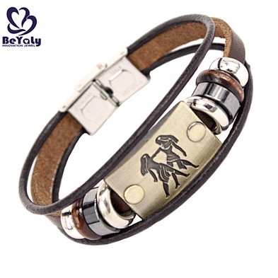 Wholesale Love Zodiac Engraved Braided Leather Stainless Steel Women Bangle Bracelet Clasp