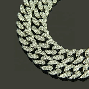 Iceout Hiphop Micro pave Rhinestone Cuban Link Chain Necklace Silver Color