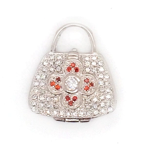 Latest Ladies Fashion 925 Sterling Silver Red Cz Four-Leaf Flower Mini Bag Pendant