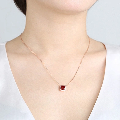 Graceful popular silver square pink crystal female favor ruby pendant necklace