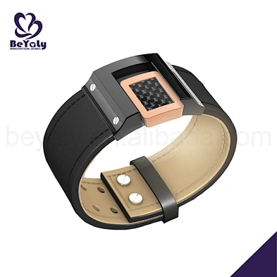 Stainless steel wide wristband black leather bracelet
