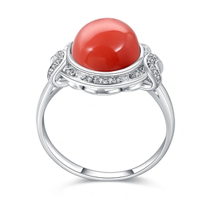 Fancy model design silver engraved red coral stone ring