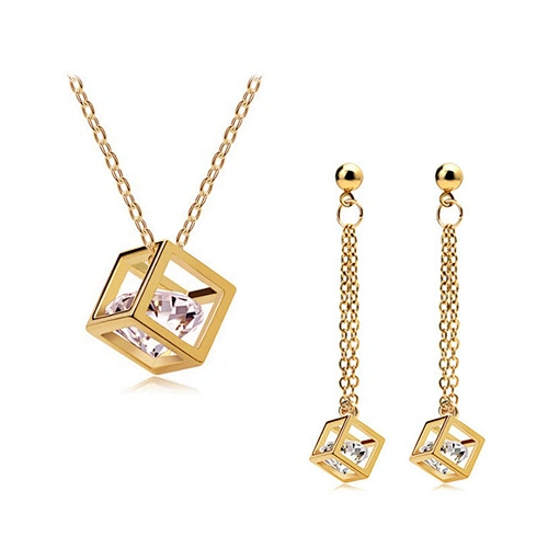 Fancy ladies costume rhinestone cube 22k gold jewelry set