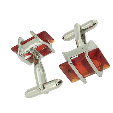 Red stone rectangular shiny eco-friendly amber cufflink