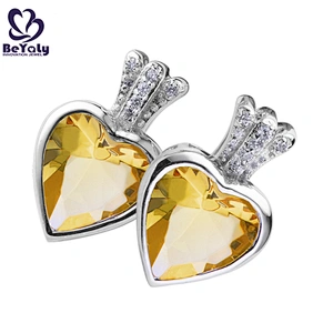 Plating platinum yellow stone solid silver heart earrings