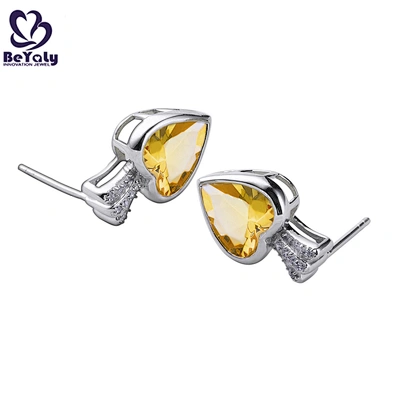 Plating platinum yellow stone solid silver heart earrings