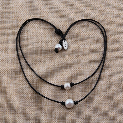 Cord chain choker jewelry pearl and leather necklace