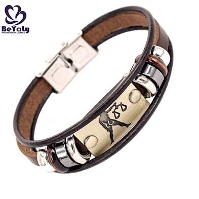Wholesale Love Zodiac Engraved Braided Leather Stainless Steel Women Bangle Bracelet Clasp
