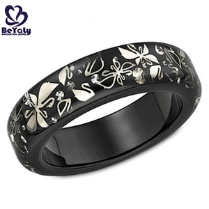 Black ceramic fancy swan engraved men bracelet