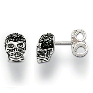 Cheap engraved black cz skull design silver boy earrings