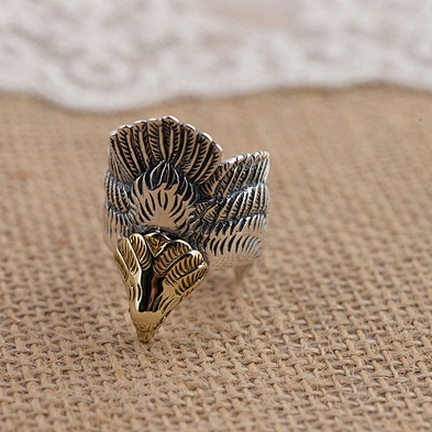 Punk Eagle Ring Gold Plating, Adjustable Plume Feather Ring Silver 925