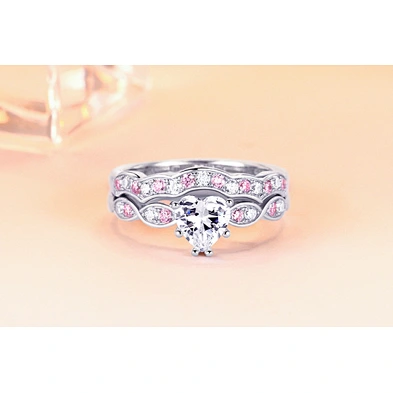 925 Sterling Silver Heart Design Double Halo Wedding Engagement Ring Sets