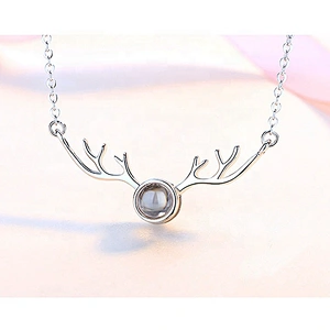 Antler shape i love you 100 language projection silver necklace for women