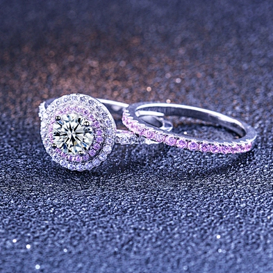 Double Halo Double Round Circle Clear And Pink Cz Silver 925 Wedding Ring