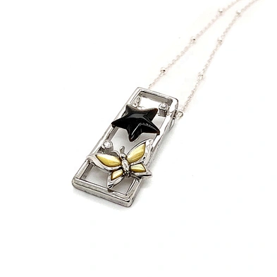 Shell Butterfly Enamel Star Designed Cz Dotted Silver Trapezoid Shape Frame Pendant