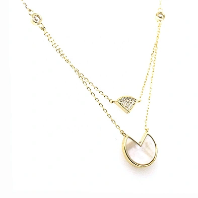 Two Strands Gold Chains Shell Round Cz Fanshaped Design Pendant Necklace
