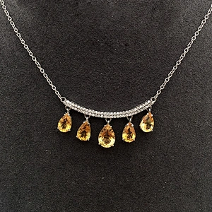 Five Yellow Amber Waterdrop Design Silver Bijou Pendant Statement Necklace