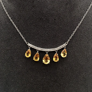 Five Yellow Amber Waterdrop Design Silver Bijou Pendant Statement Necklace