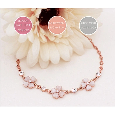 Adjustable Charming Zircon Metal Jade Design Rhinestone Four Leaf Clover 14k Elastic Yoga Bracelet