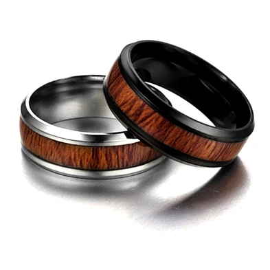 Black enamel stainless steel men's fashion wood ring