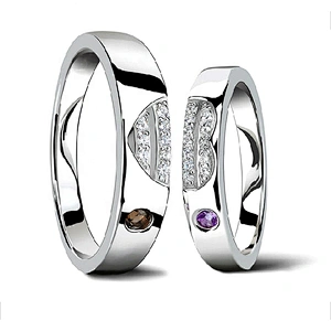 Fresh heart half design silver couple asian wedding rings