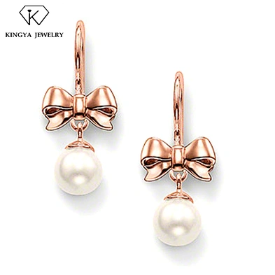 Latest design mother of pearl earrings, bow hanging drop pearl stud earring