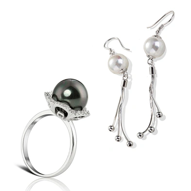 Black Or White Pearl 925 Silver Rings & Earrings And Acrylic Gift Boxes